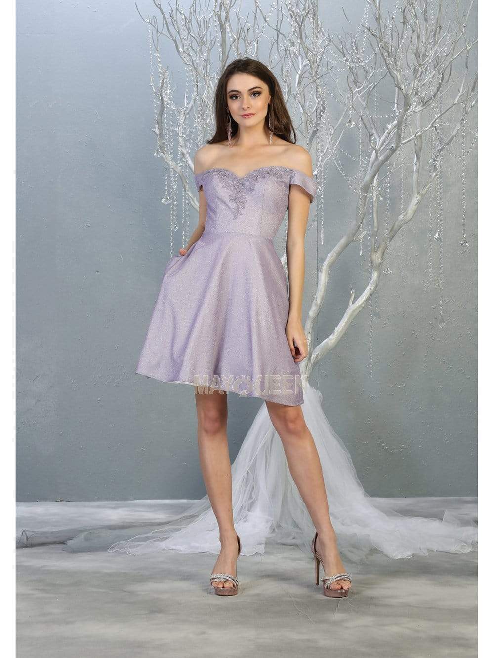 Lilac Off-Shoulder Short Glitter Cocktail Dress A-Line May Queen MQ1788