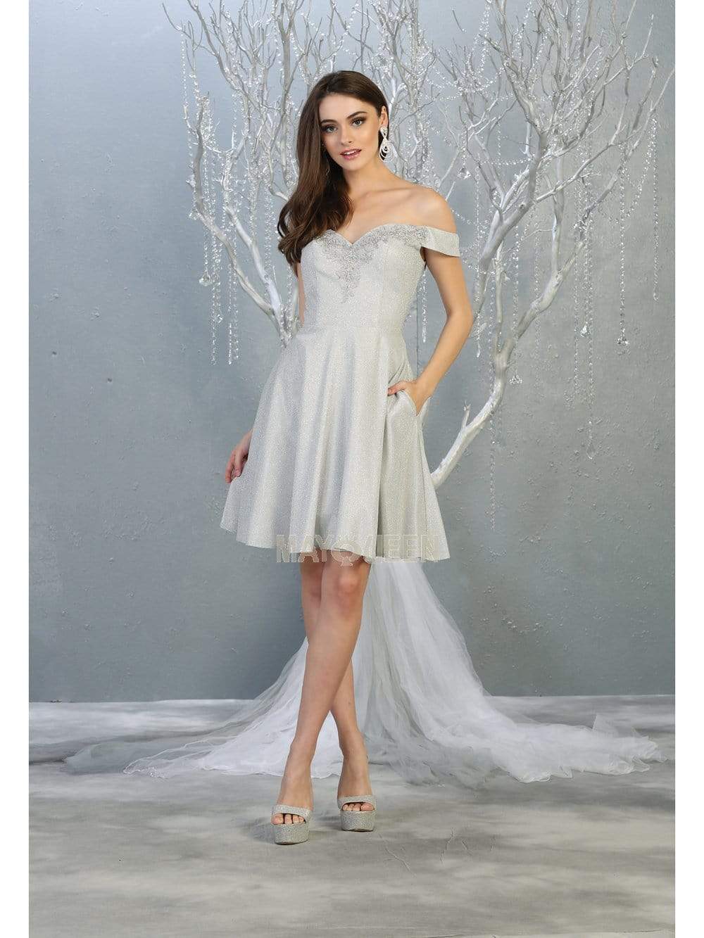 Silver Off-Shoulder Short Glitter Cocktail Dress A-Line May Queen MQ1788