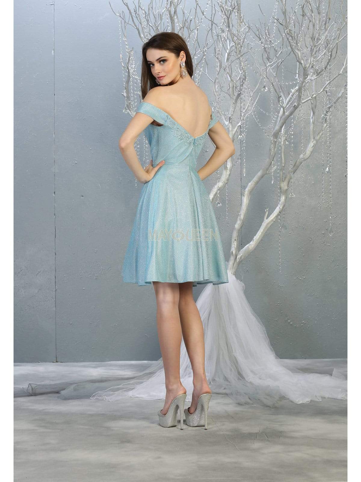 Baby/Blue Off-Shoulder Short Glitter Cocktail Dress A-Line May Queen MQ1788