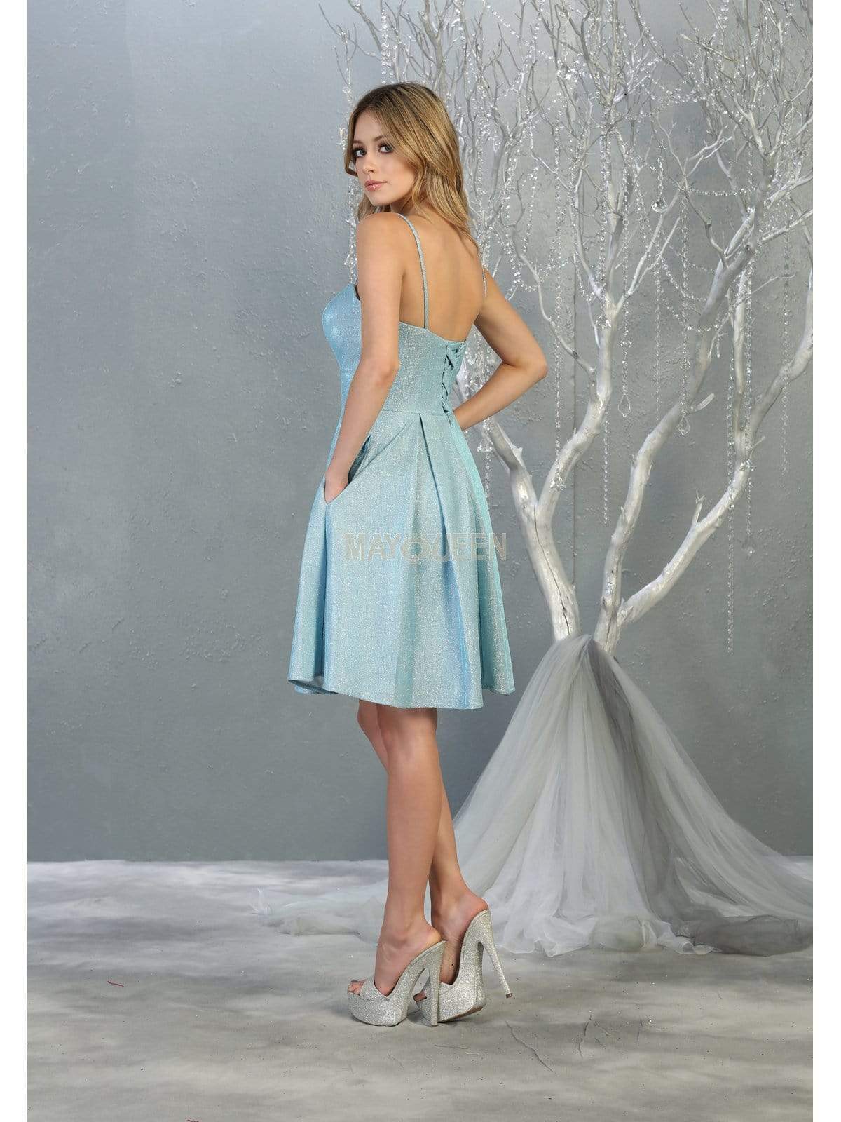Baby/Blue Sweetheart Short Metallic Homecoming Dress Corset May Queen MQ1791
