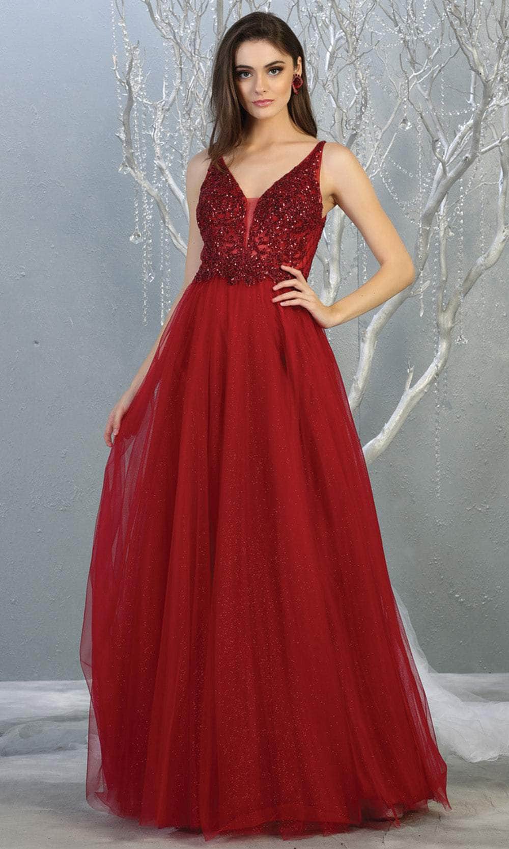 Burgundy V-Neck Floor-Length Tulle Prom Dress Sequined May Queen MQ1798