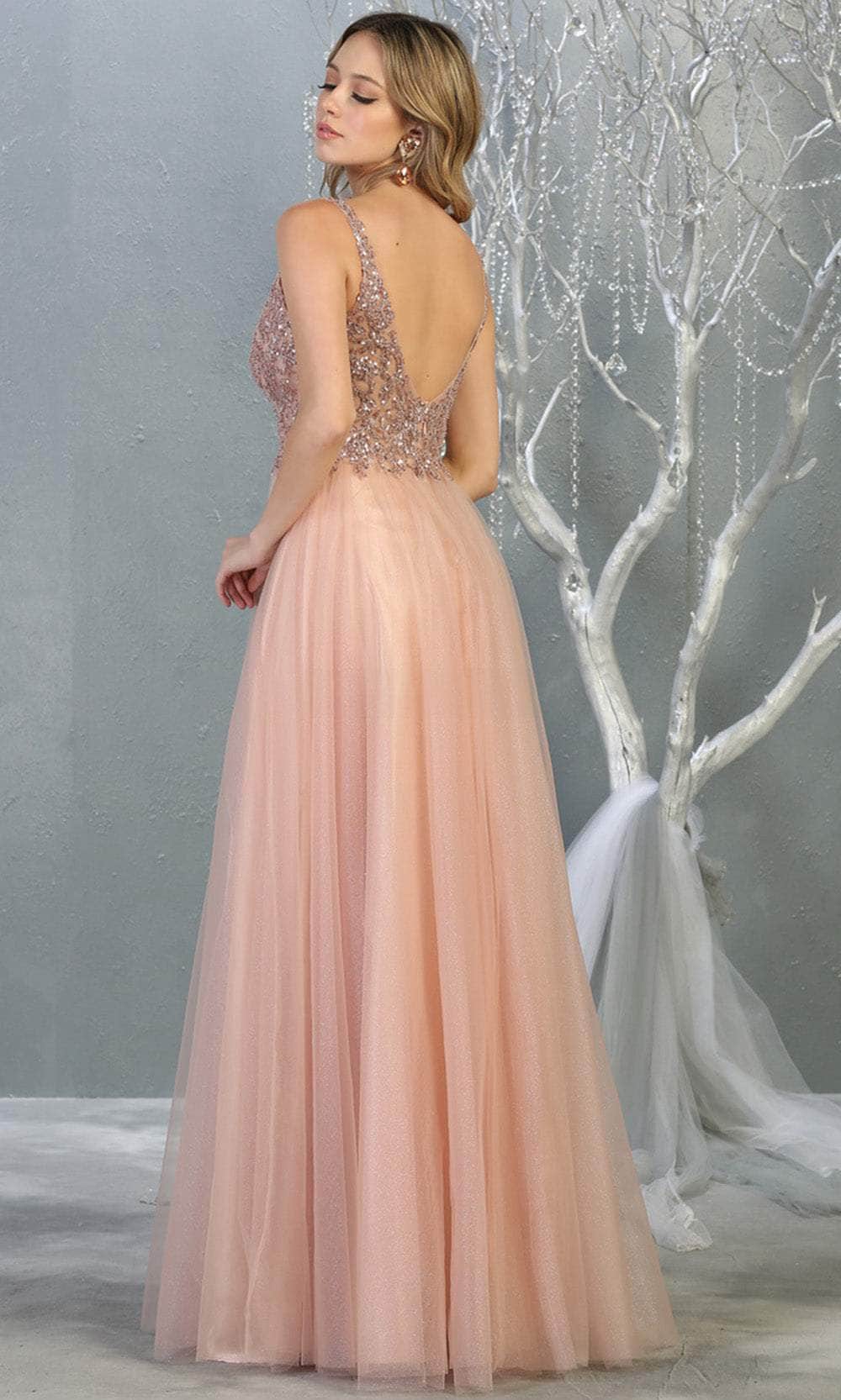 Rosegold V-Neck Floor-Length Tulle Prom Dress Sequined May Queen MQ1798