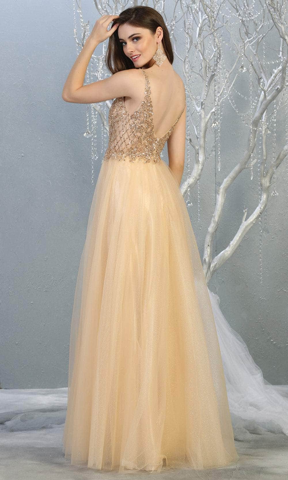 Champagne V-Neck Floor-Length Tulle Prom Dress Sequined May Queen MQ1798