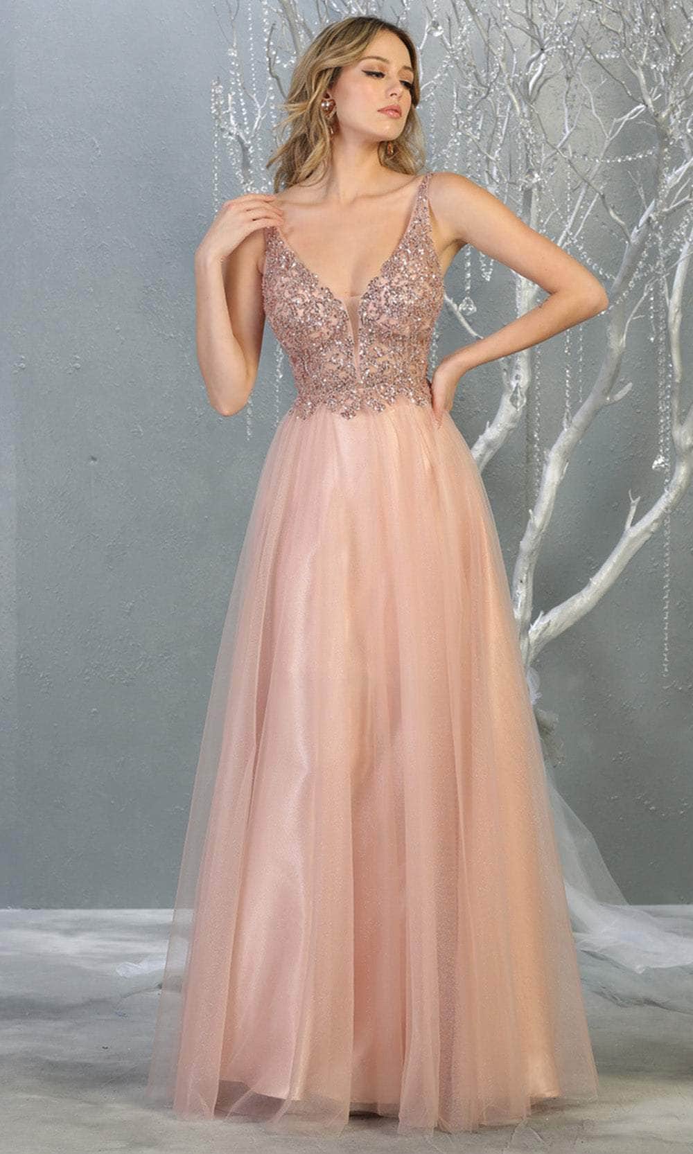 Rosegold V-Neck Floor-Length Tulle Prom Dress Sequined May Queen MQ1798