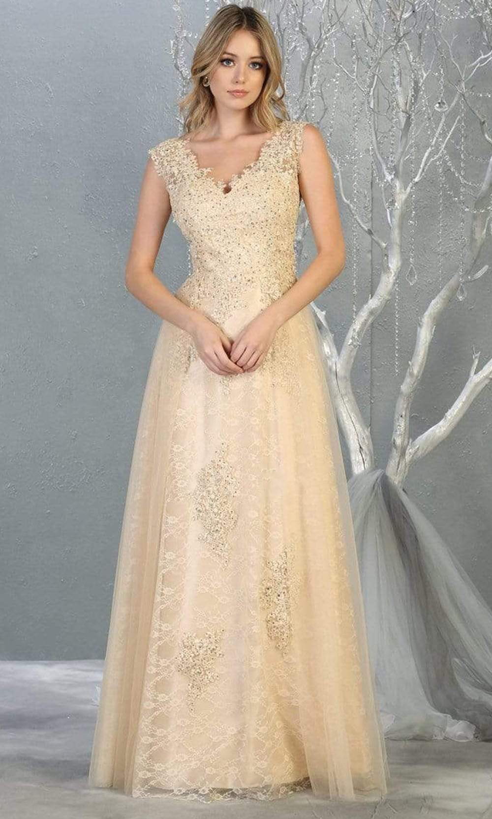 V-Neck Floor-Length Tulle Evening Gown A-Line May Queen 1799