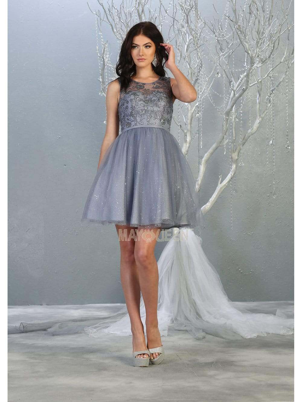 Dusty/Blue Jewel Short Tulle Homecoming Cocktail Dress Embroidery May Queen MQ1803