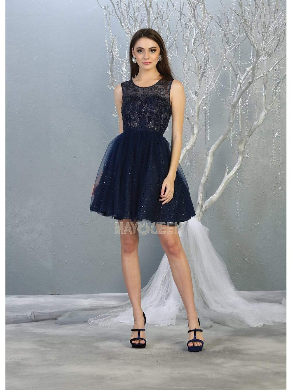 Navy Jewel Short Tulle Homecoming Cocktail Dress Embroidery May Queen MQ1803