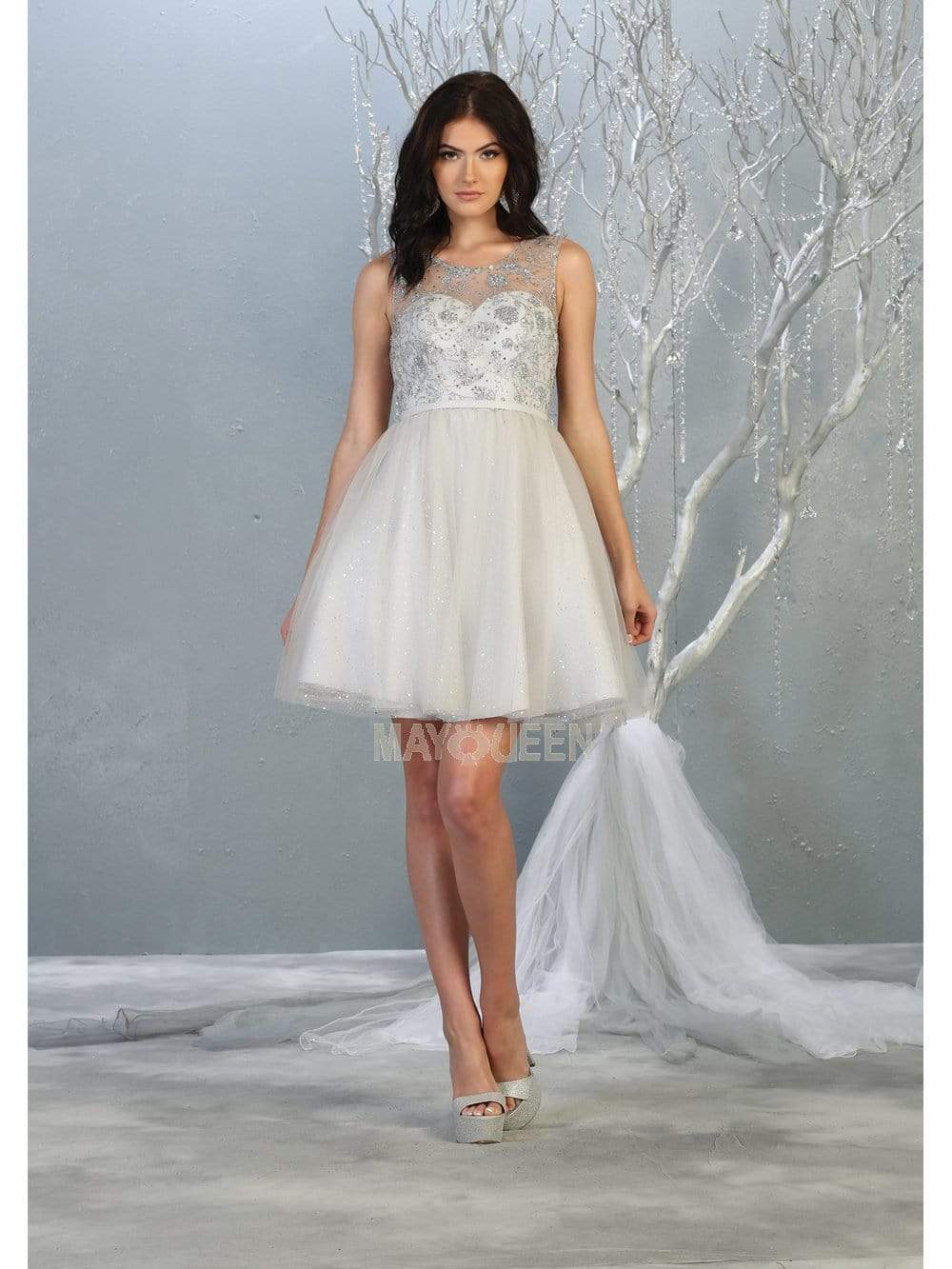 Silver Jewel Short Tulle Homecoming Cocktail Dress Embroidery May Queen MQ1803