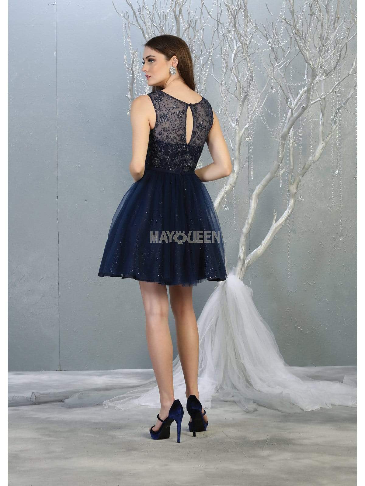 Navy Jewel Short Tulle Homecoming Cocktail Dress Embroidery May Queen MQ1803
