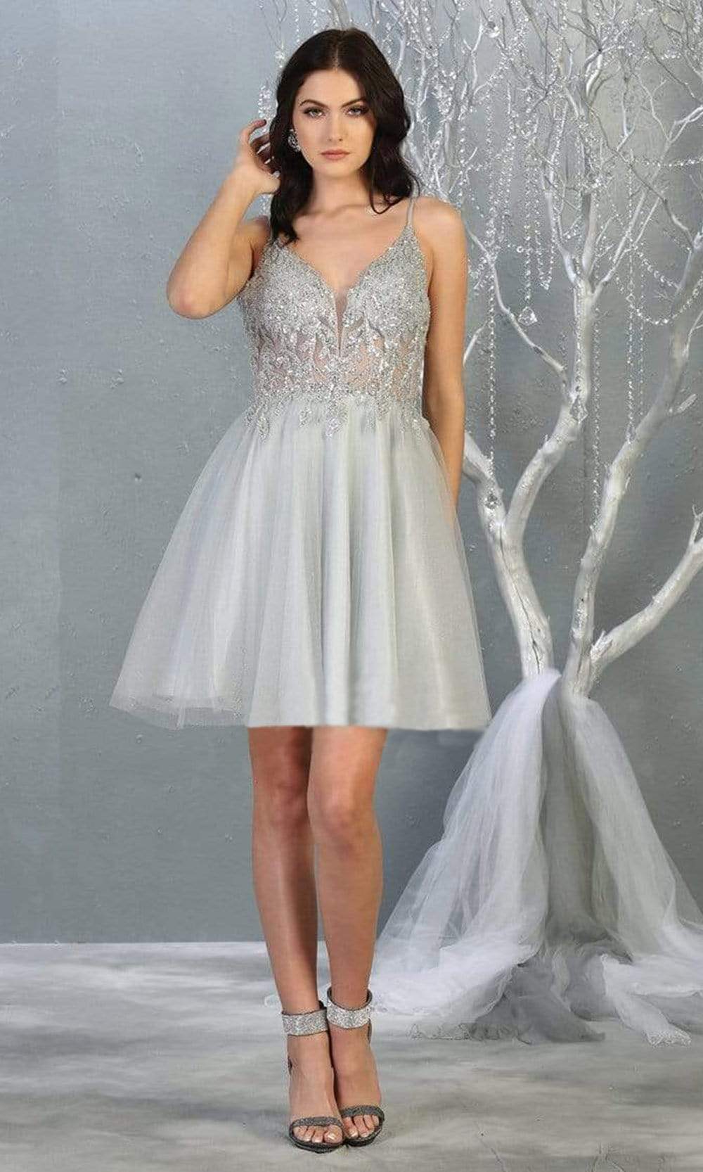 Silver V-Neck Short Tulle Homecoming Dress Lace May Queen MQ1813