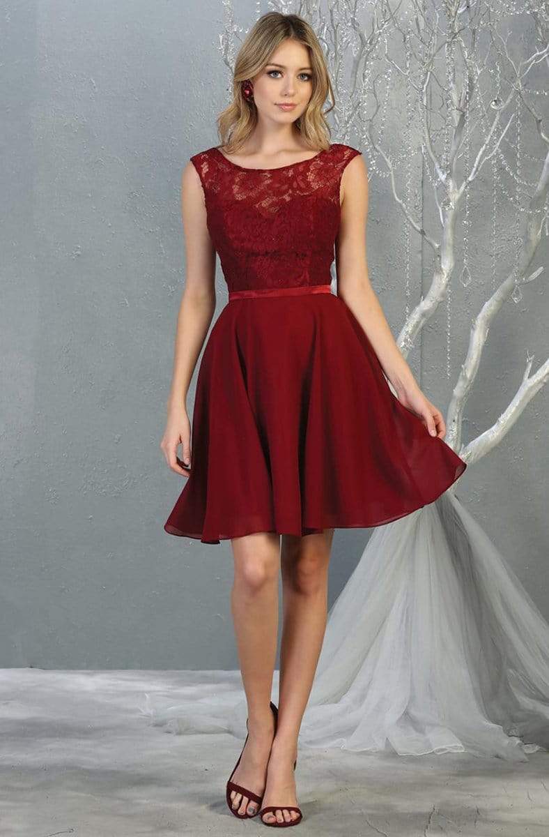 Burgundy Bateau Short Chiffon Cocktail Dress Lace May Queen MQ1814