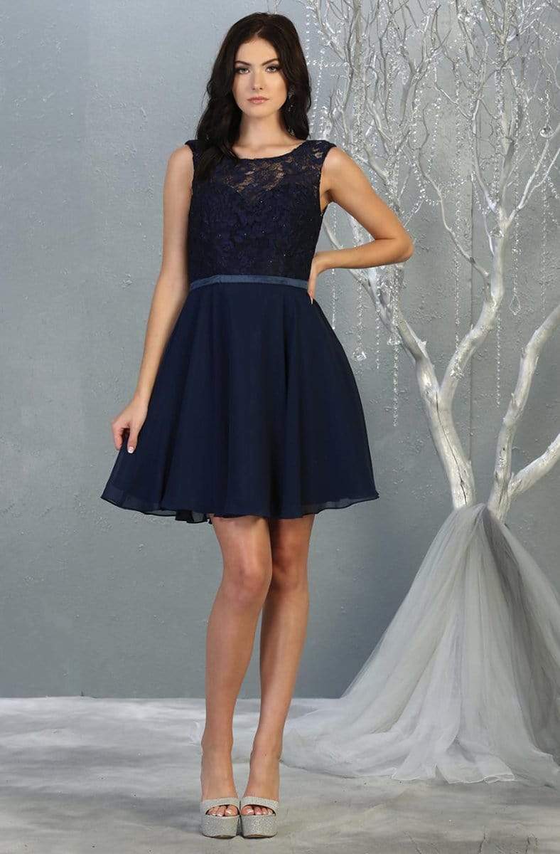 Navy Bateau Short Chiffon Cocktail Dress Lace May Queen MQ1814