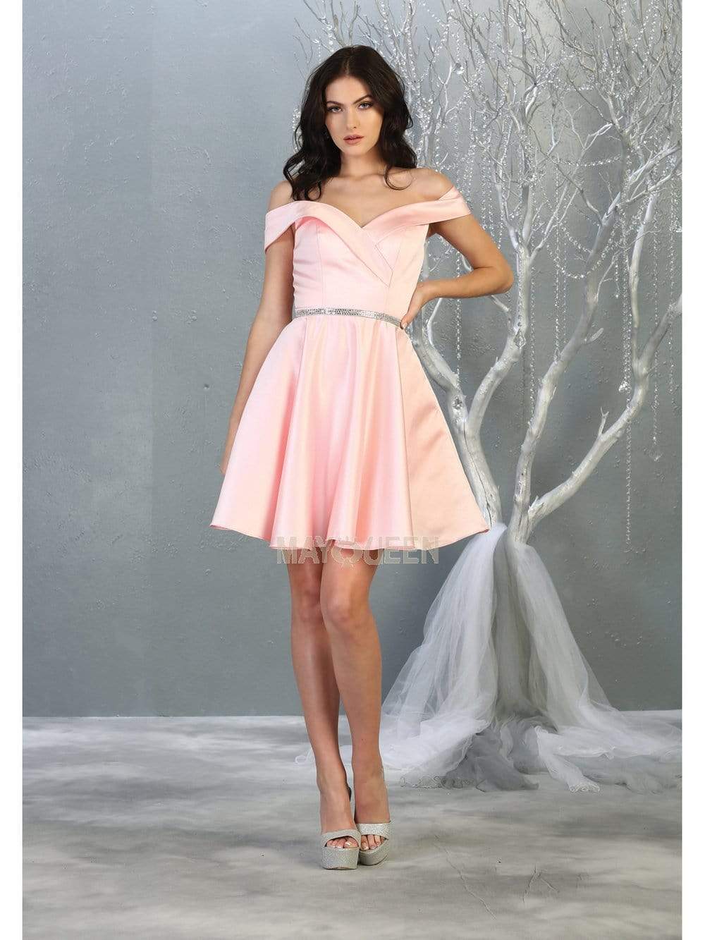 Blush Off-Shoulder Short Satin Cocktail Dress Rhinestone May Queen MQ1815
