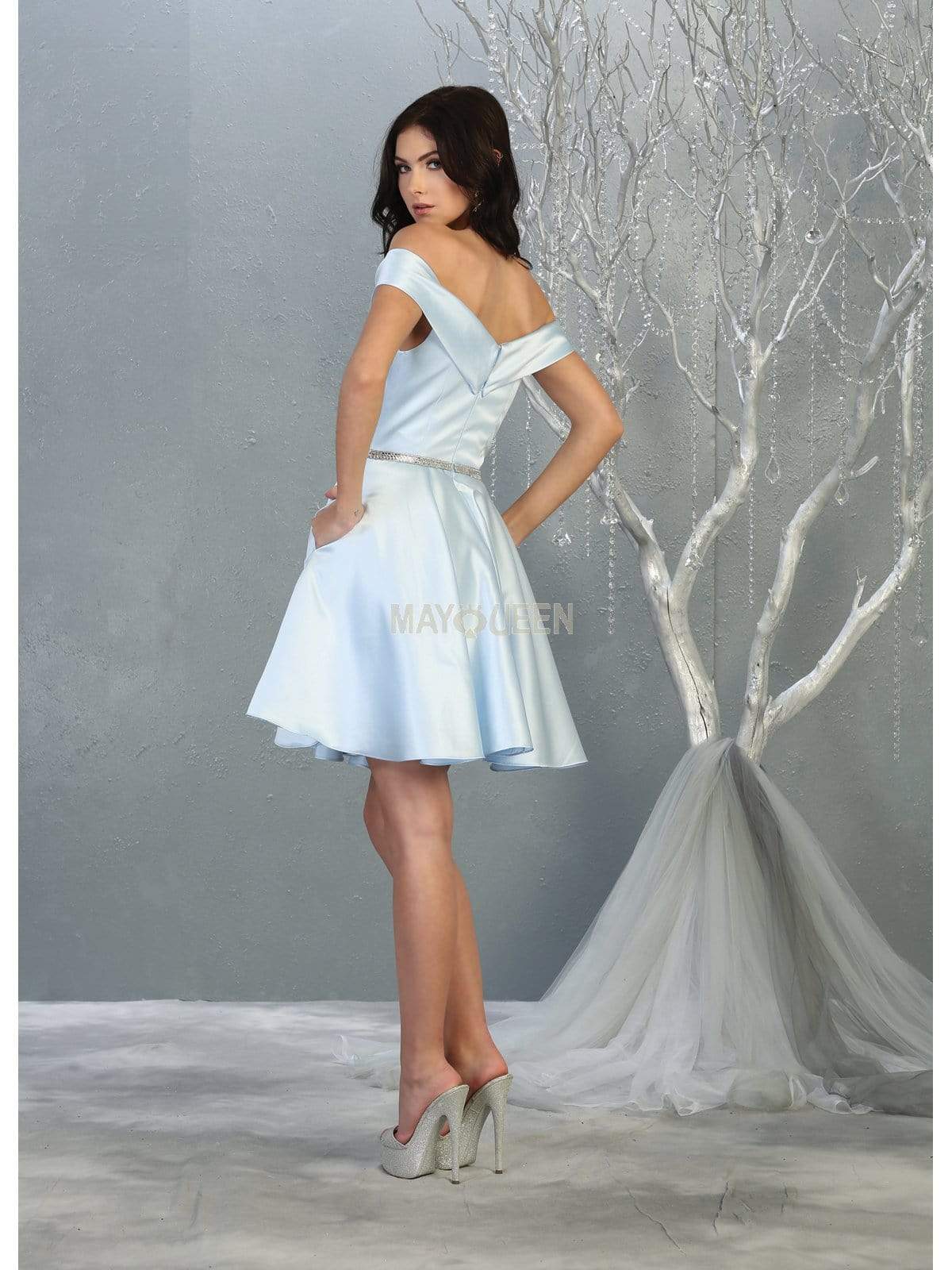 Baby/Blue Off-Shoulder Short Satin Cocktail Dress Rhinestone May Queen MQ1815