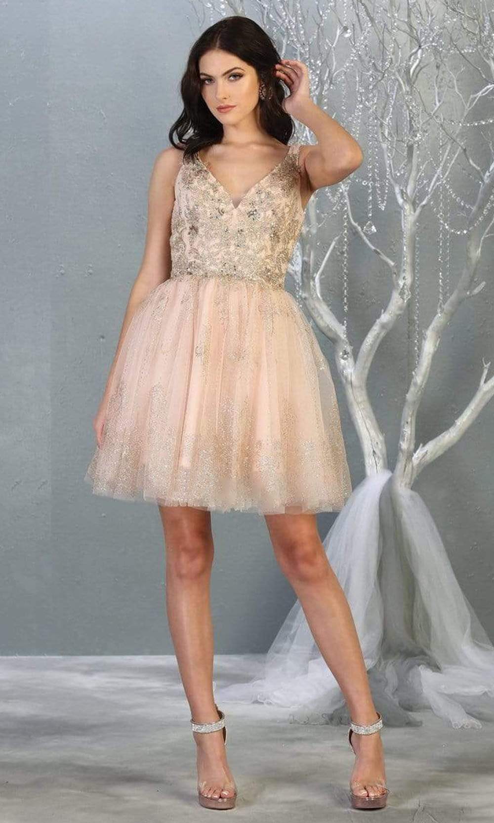 Blush/Gold V-Neck Short Tulle Homecoming Cocktail Dress Embroidery May Queen MQ1817