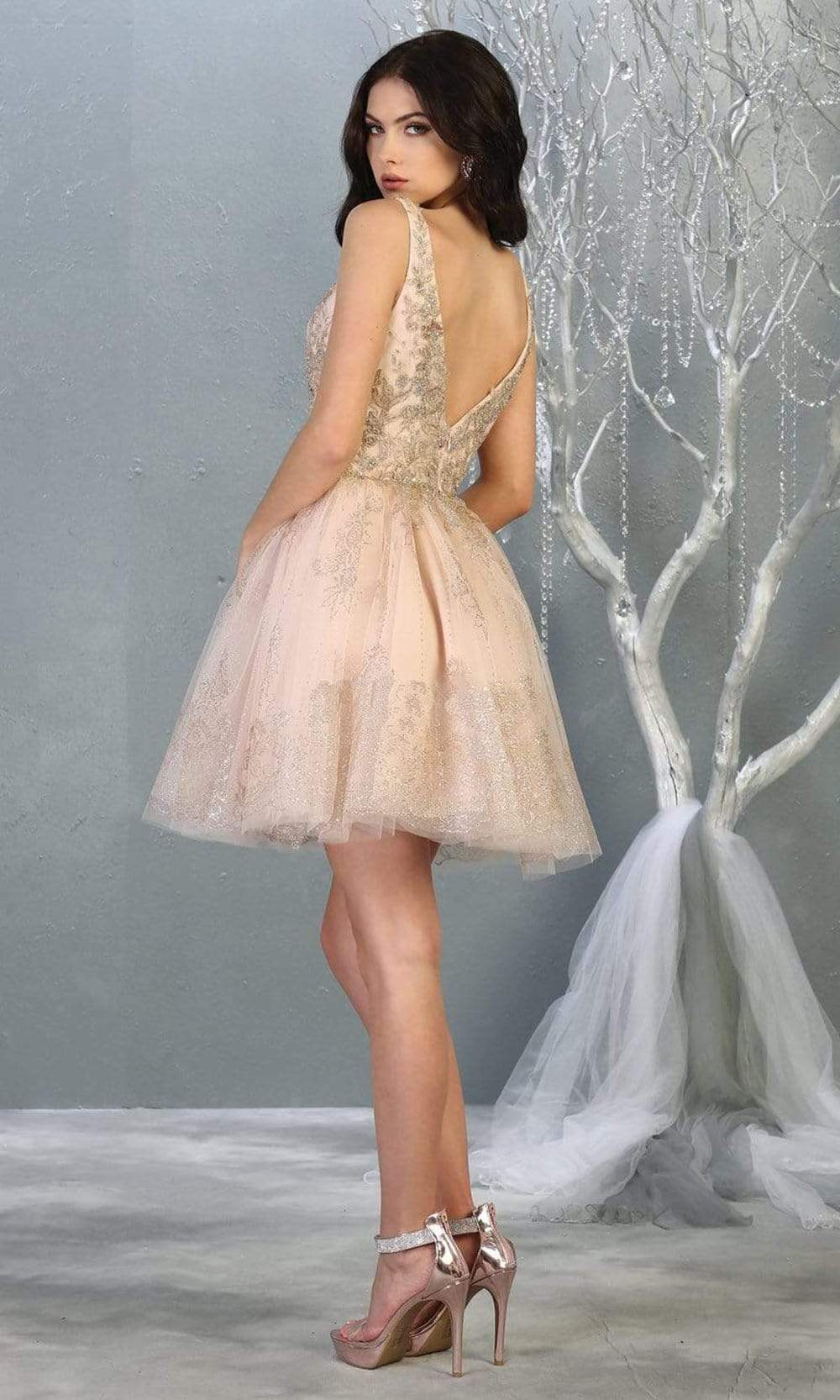 Blush/Gold V-Neck Short Tulle Homecoming Cocktail Dress Embroidery May Queen MQ1817