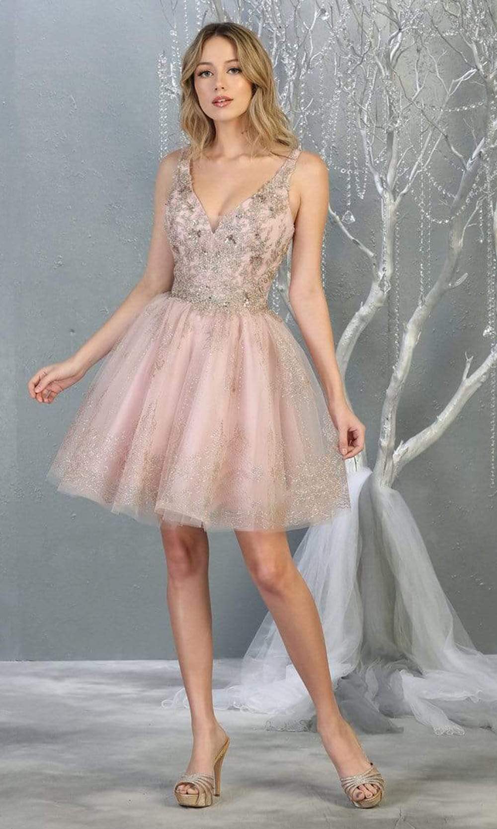 Mauve V-Neck Short Tulle Homecoming Cocktail Dress Embroidery May Queen MQ1817