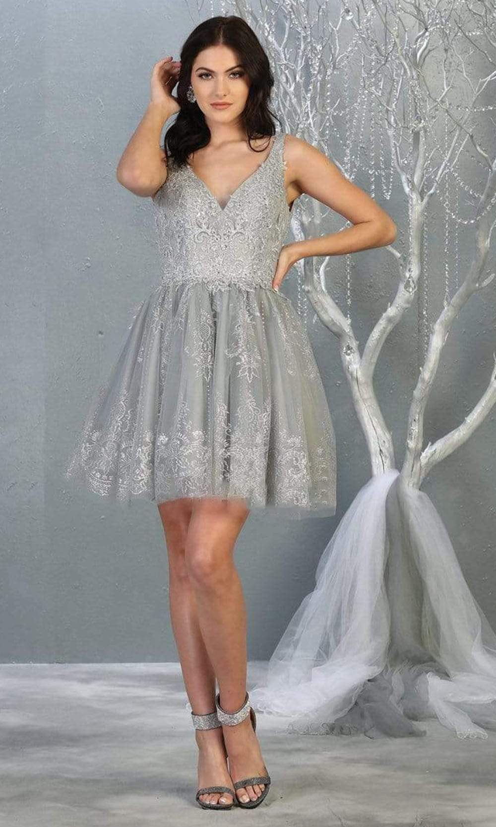 Silver V-Neck Short Tulle Homecoming Cocktail Dress Embroidery May Queen MQ1817
