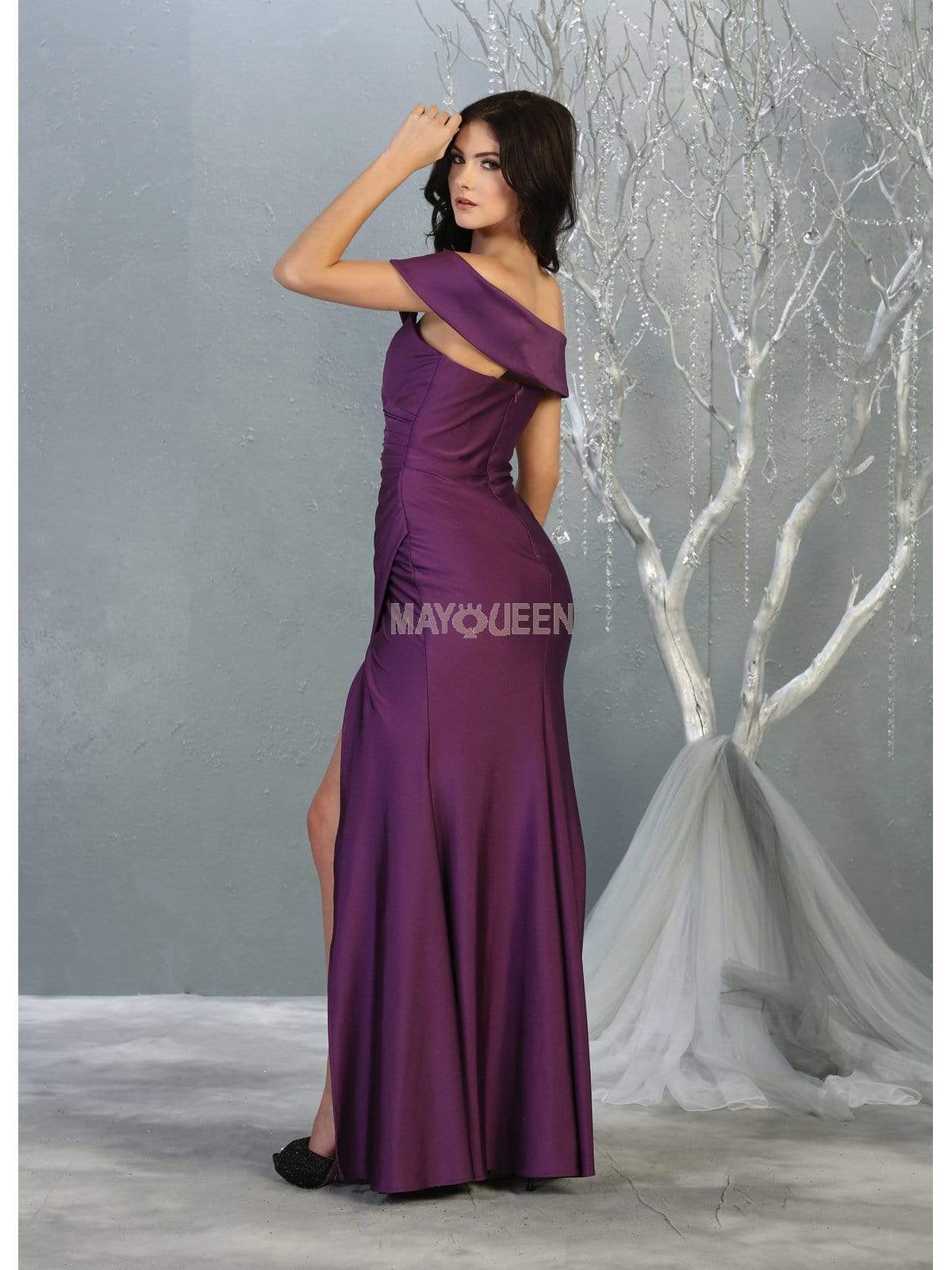 Eggplant Off-the-Shoulder Floor-Length Jersey Formal Evening Gown High Slit May Queen MQ1825