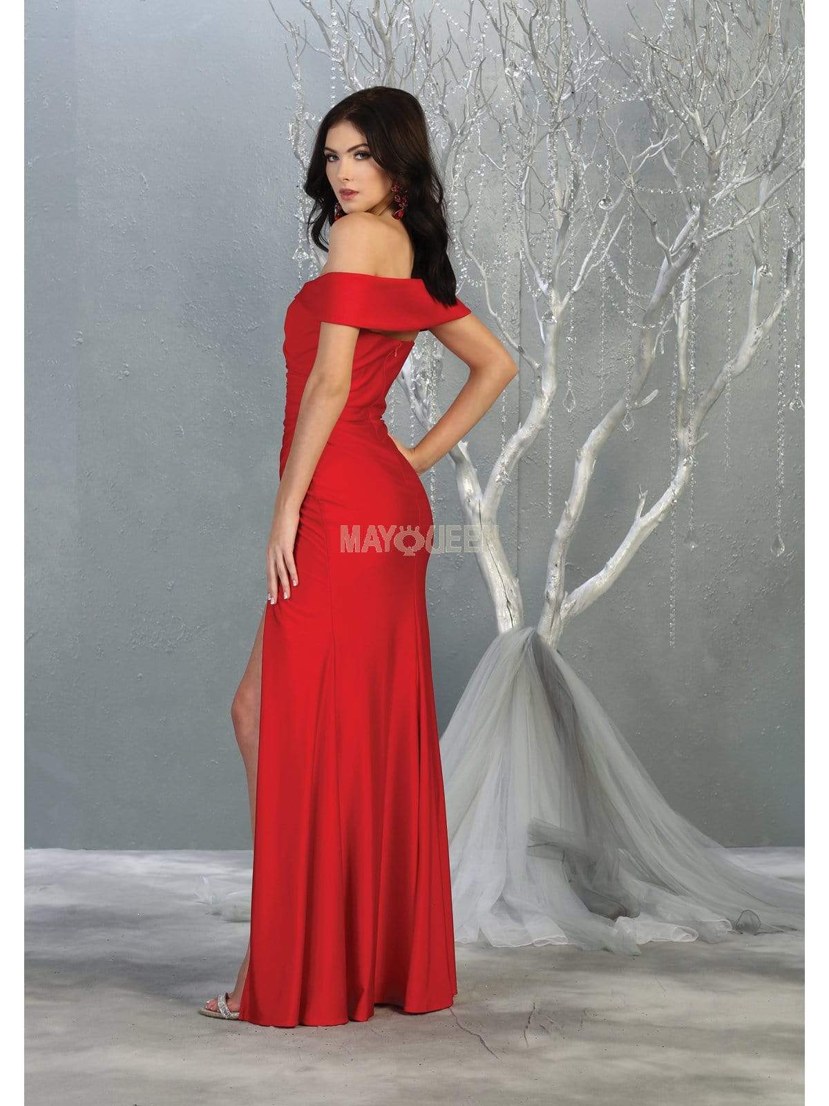 Red Off-the-Shoulder Floor-Length Jersey Formal Evening Gown High Slit May Queen MQ1825