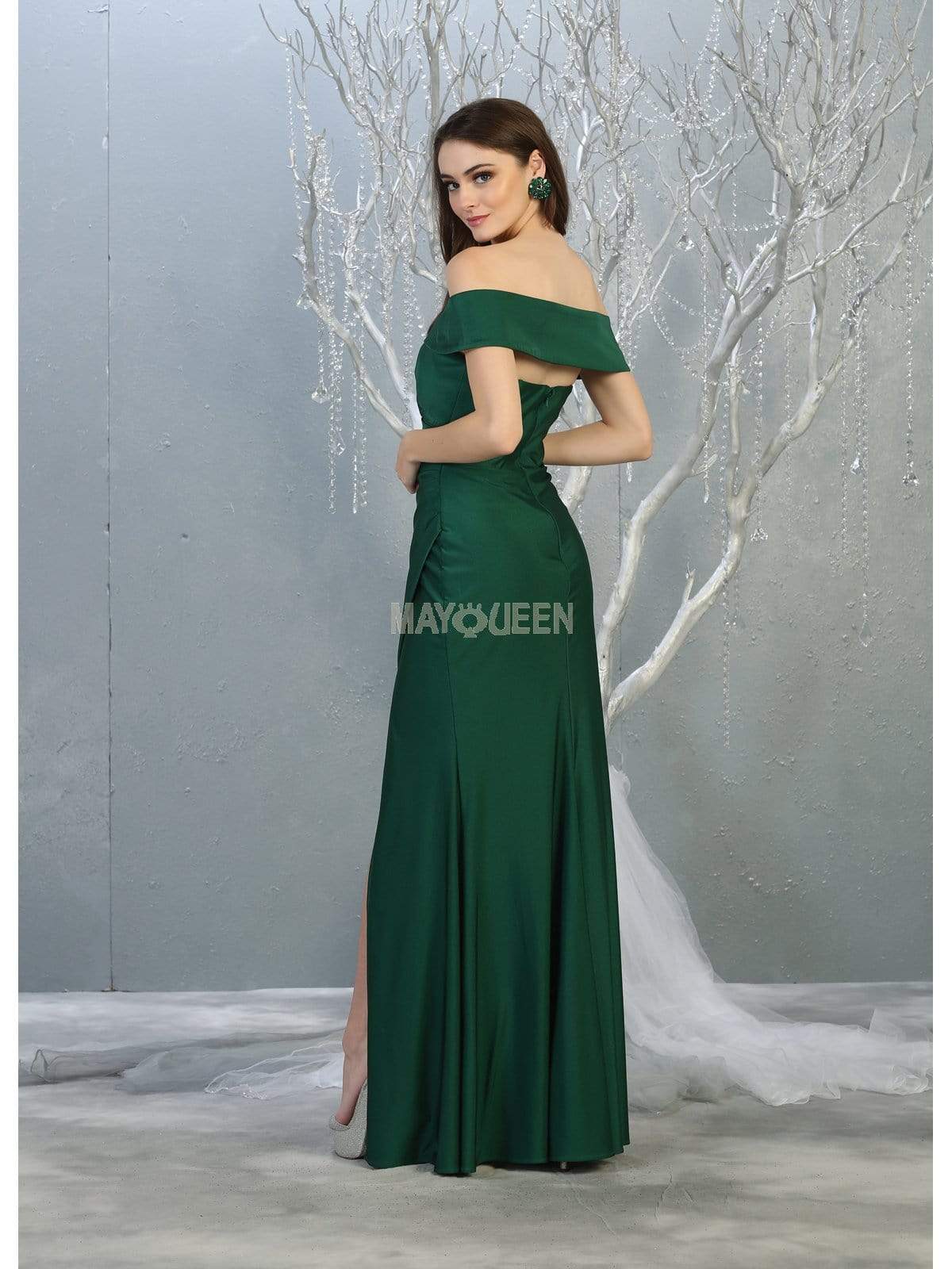 Hunter Green Off-the-Shoulder Floor-Length Jersey Formal Evening Gown High Slit May Queen MQ1825