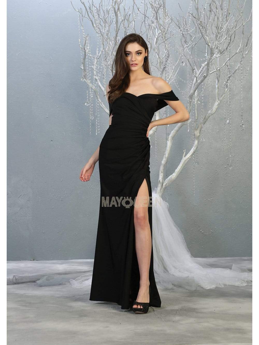 Black Off-the-Shoulder Floor-Length Jersey Formal Evening Gown High Slit May Queen MQ1825