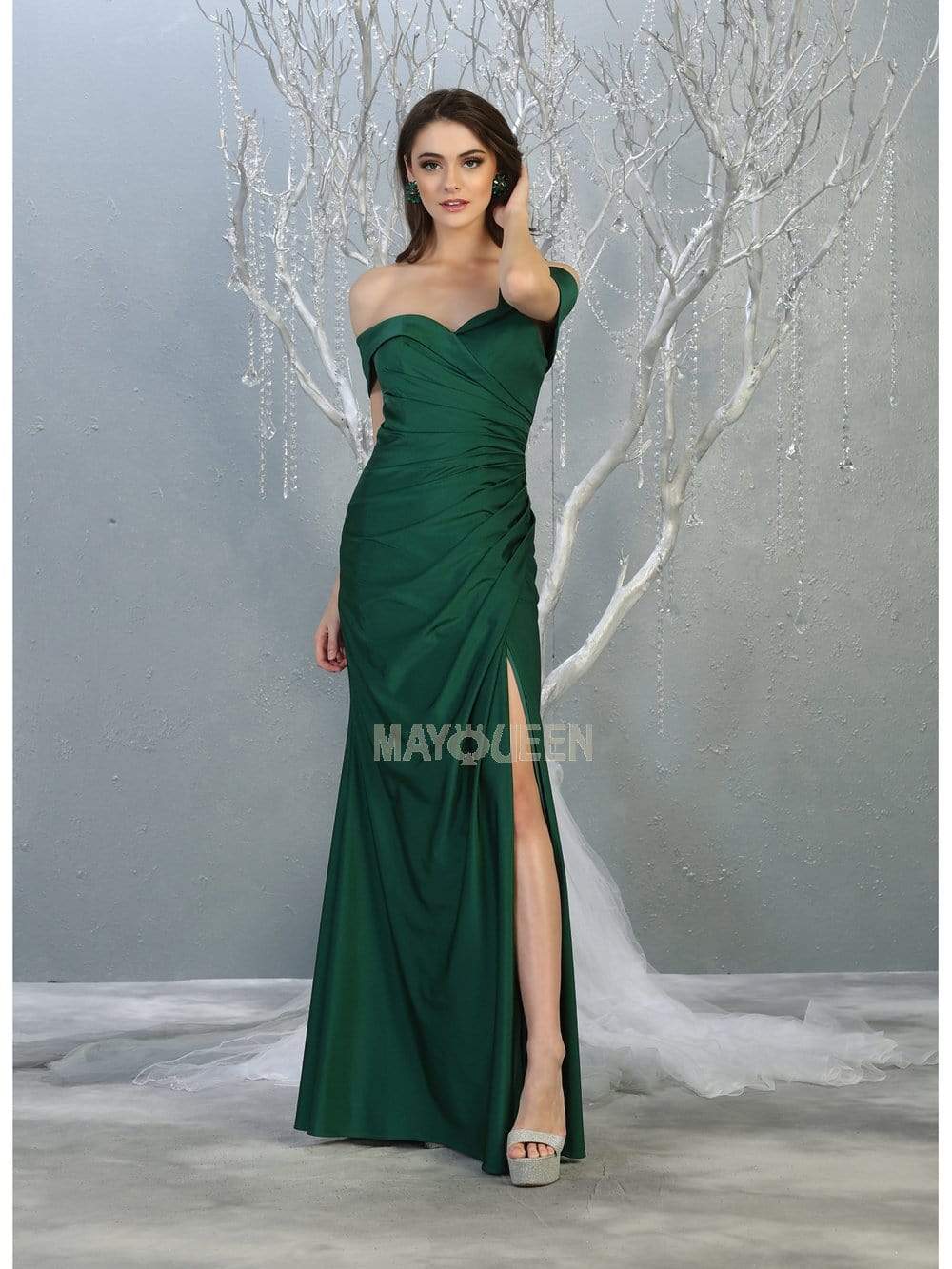 Hunter Green Off-the-Shoulder Floor-Length Jersey Formal Evening Gown High Slit May Queen MQ1825