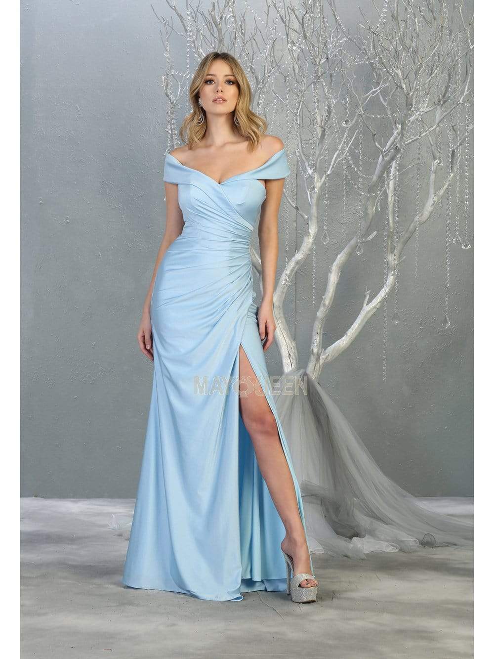 Perry Blue Off-the-Shoulder Floor-Length Jersey Formal Evening Gown High Slit May Queen MQ1825