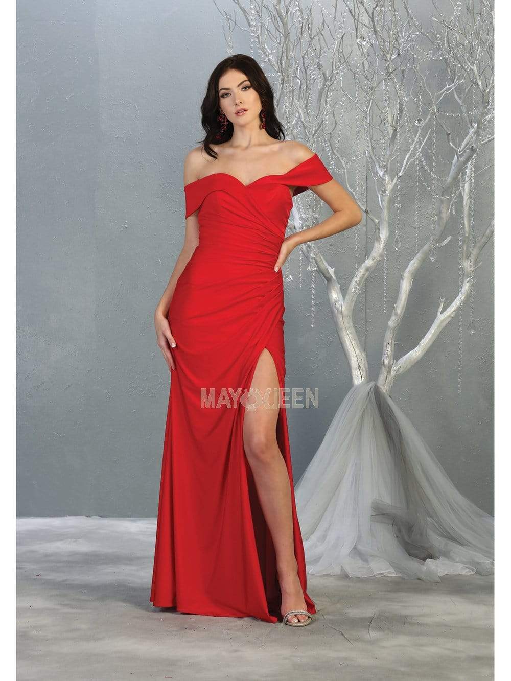 Red Off-the-Shoulder Floor-Length Jersey Formal Evening Gown High Slit May Queen MQ1825