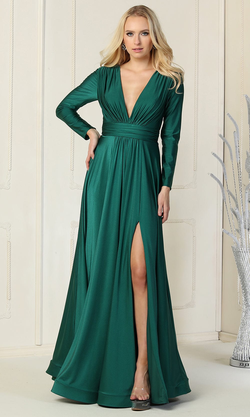 V-Neck Floor-Length Jersey Evening Gown A-Line May Queen 1835