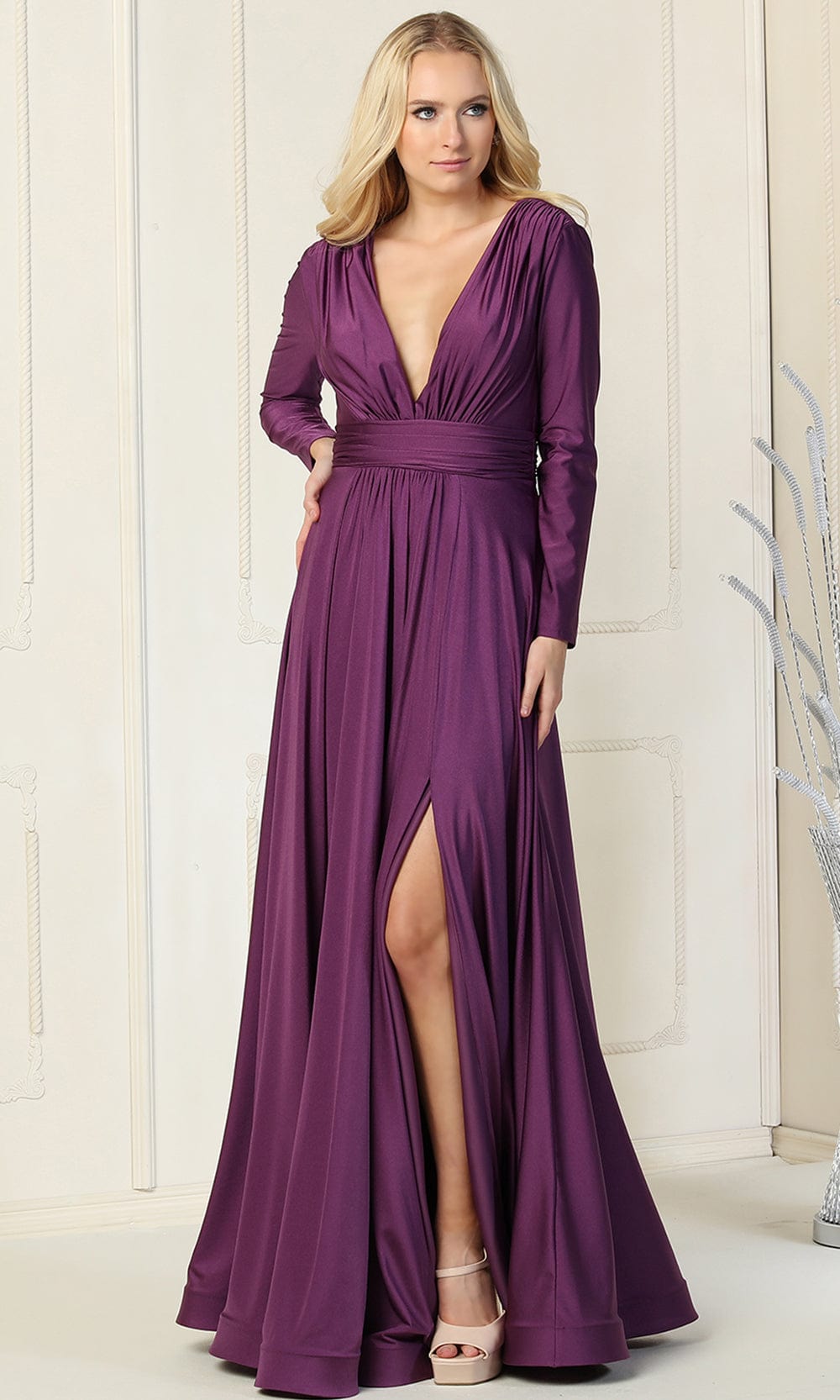 V-Neck Floor-Length Jersey Evening Gown A-Line May Queen MQ1835 - Blush / 14