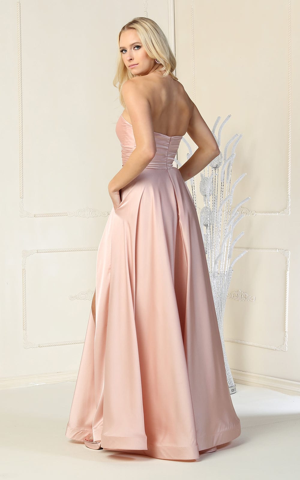 Blush Sweetheart Floor-Length Satin Prom Strapless Gown High Slit May Queen MQ1846