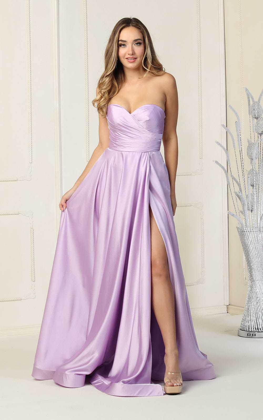 Lilac Sweetheart Floor-Length Satin Prom Strapless Gown High Slit May Queen MQ1846