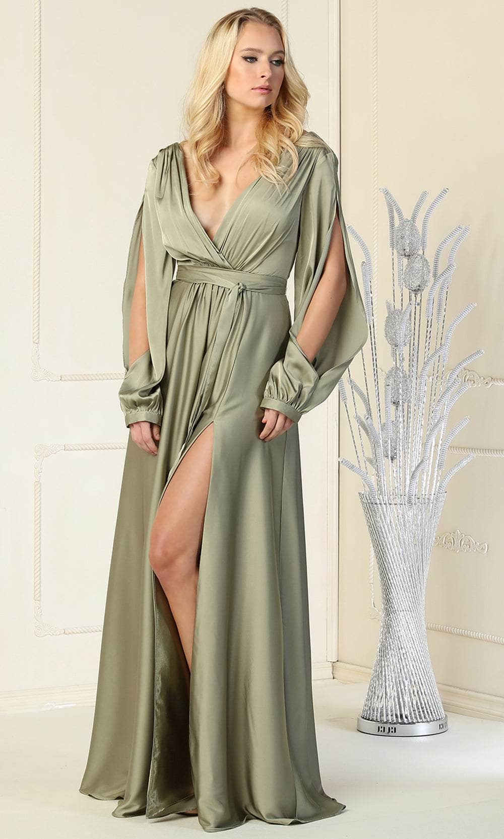 V-Neck Floor-Length Satin Formal A-Line May Queen 1857