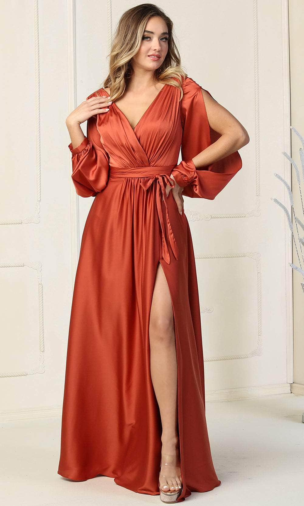 V-Neck Floor-Length Satin Formal A-Line May Queen 1857