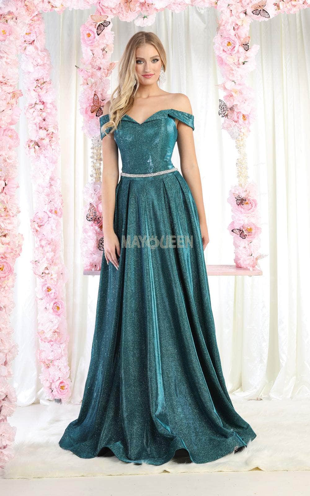 Hunter Green Off-the-Shoulder Floor-Length Glitter Formal A-Line Dress May Queen MQ1876