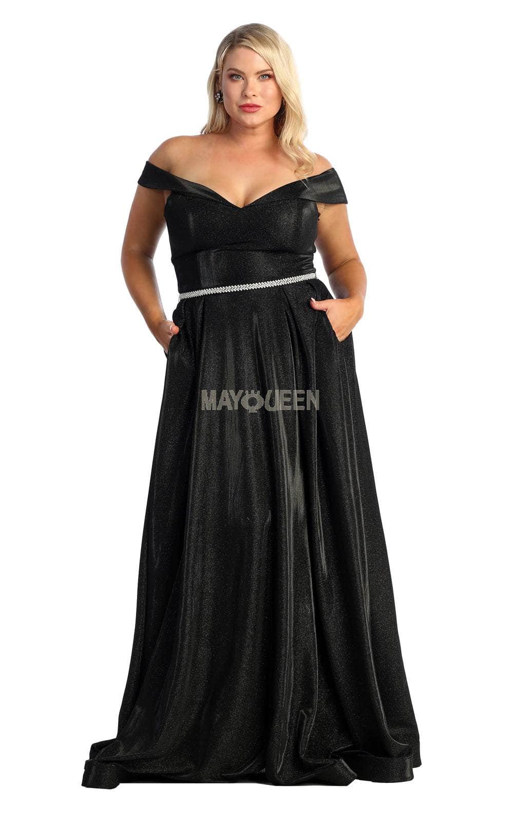 Black Off-the-Shoulder Floor-Length Glitter Formal A-Line Dress May Queen MQ1876