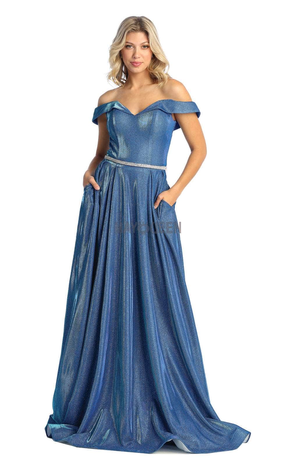 Royal Off-the-Shoulder Floor-Length Glitter Formal A-Line Dress May Queen MQ1876
