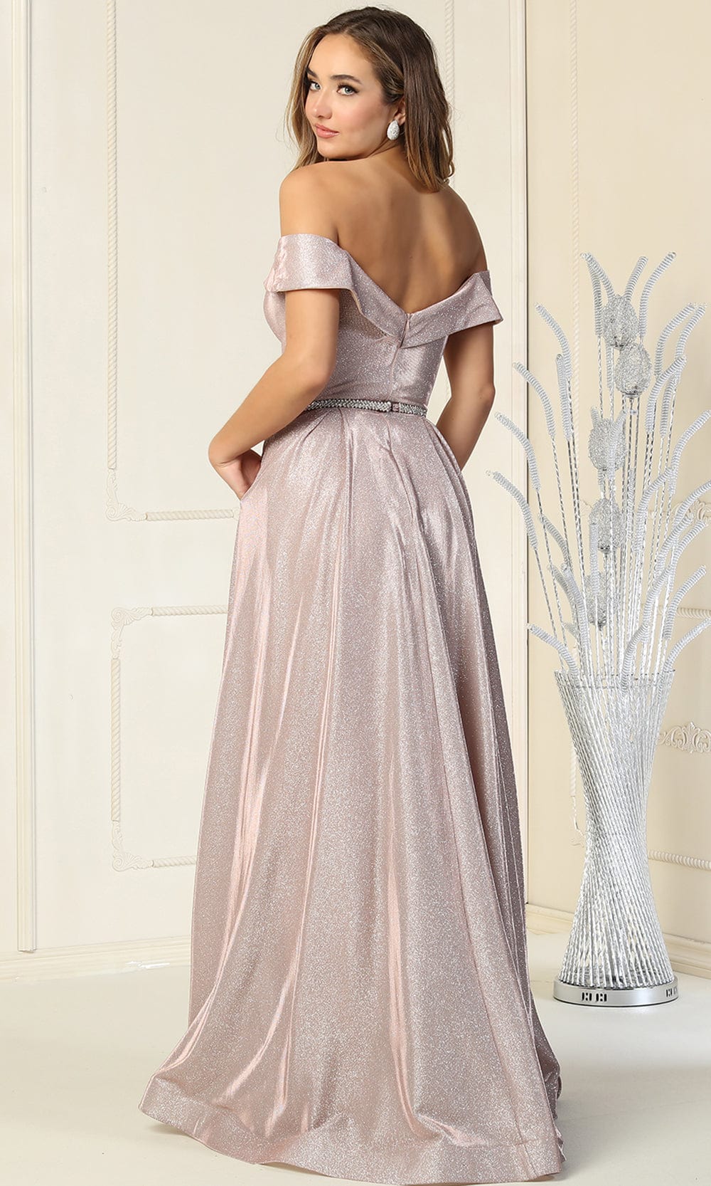 Rose Gold Off-the-Shoulder Floor-Length Glitter Formal A-Line Dress May Queen MQ1876