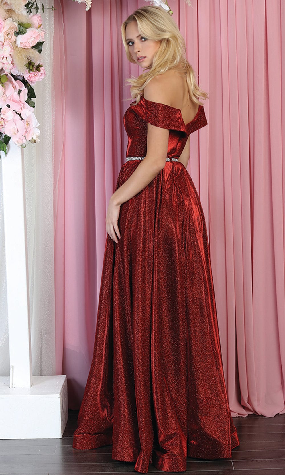 Burgundy Off-the-Shoulder Floor-Length Glitter Formal A-Line Dress May Queen MQ1876