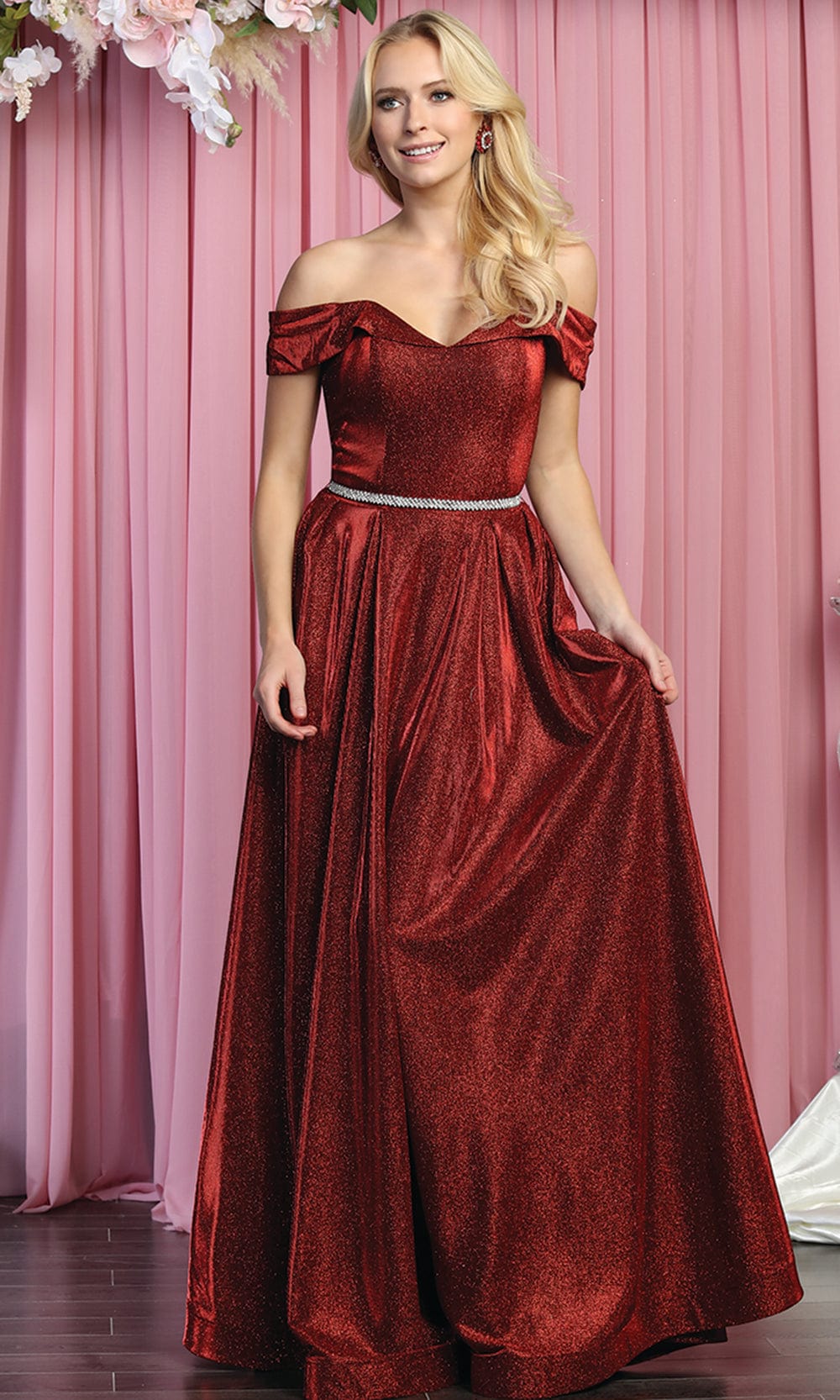 Burgundy Off-the-Shoulder Floor-Length Glitter Formal A-Line Dress May Queen MQ1876
