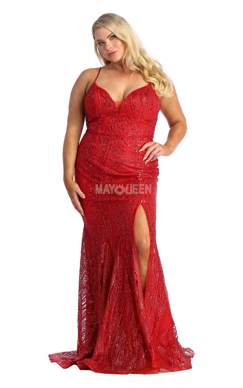 Red V-Neck Floor-Length Sequin Prom Dress High Slit May Queen MQ1905