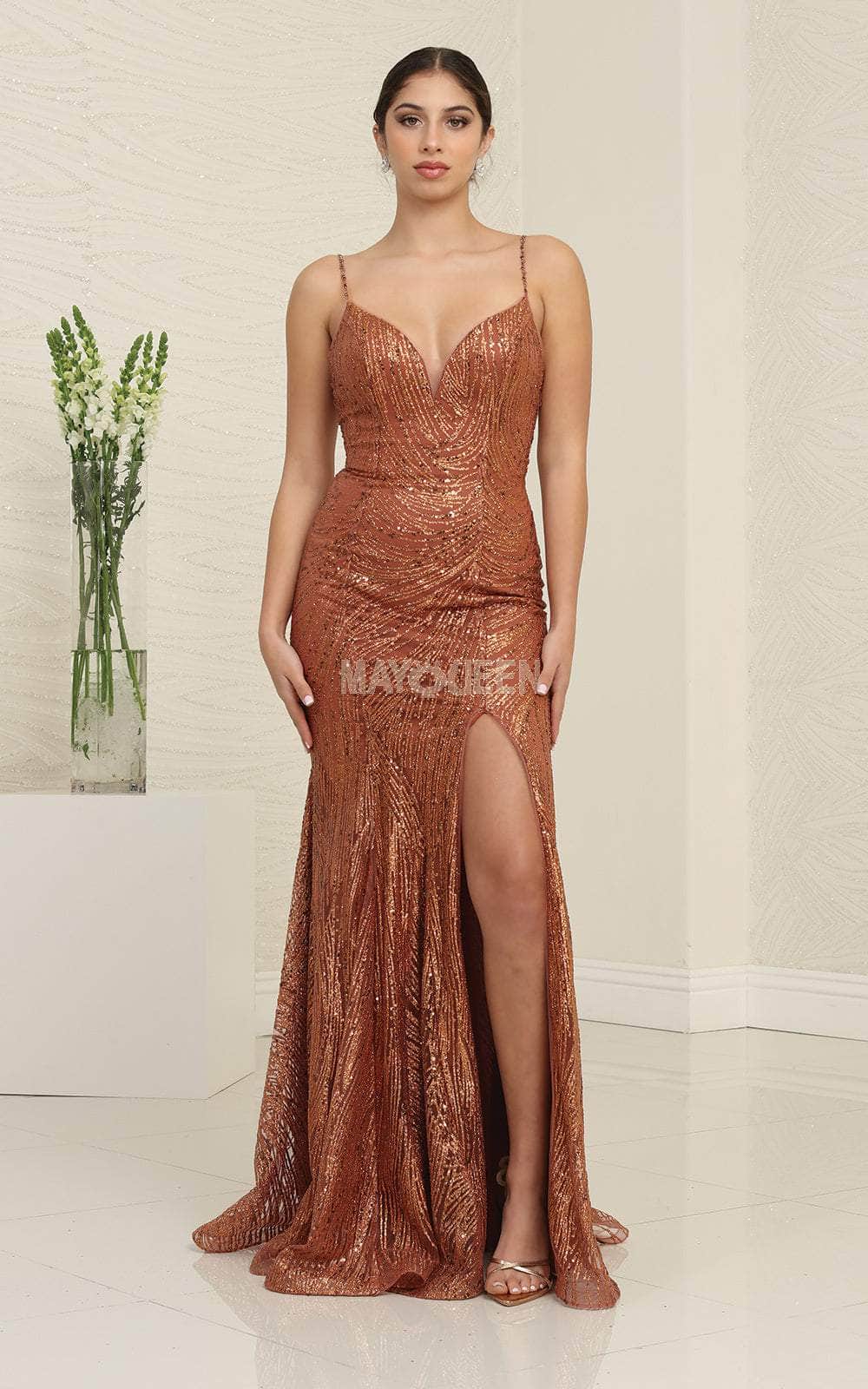Rust V-Neck Floor-Length Sequin Prom Dress High Slit May Queen MQ1905