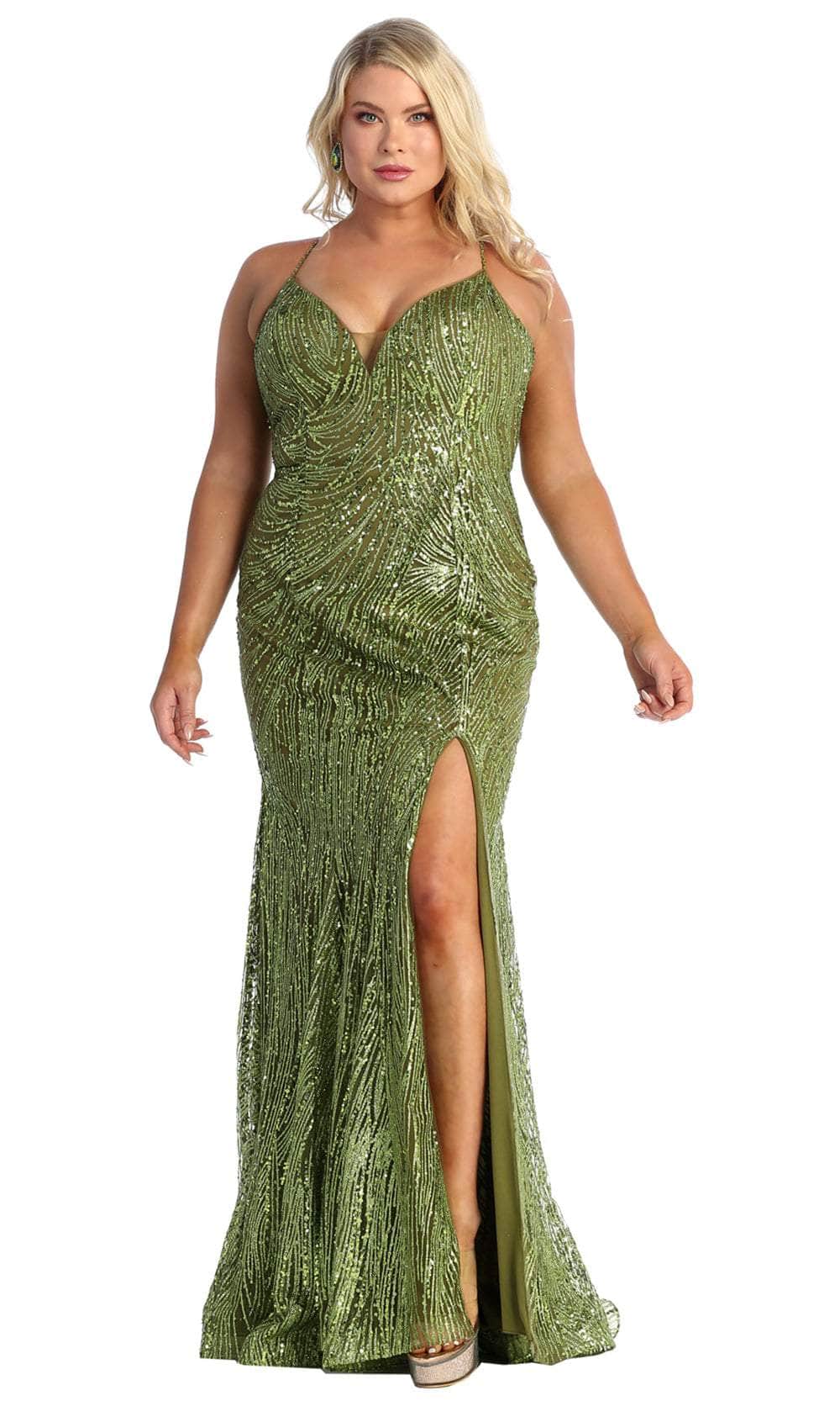 Olive V-Neck Floor-Length Sequin Prom Dress High Slit May Queen MQ1905