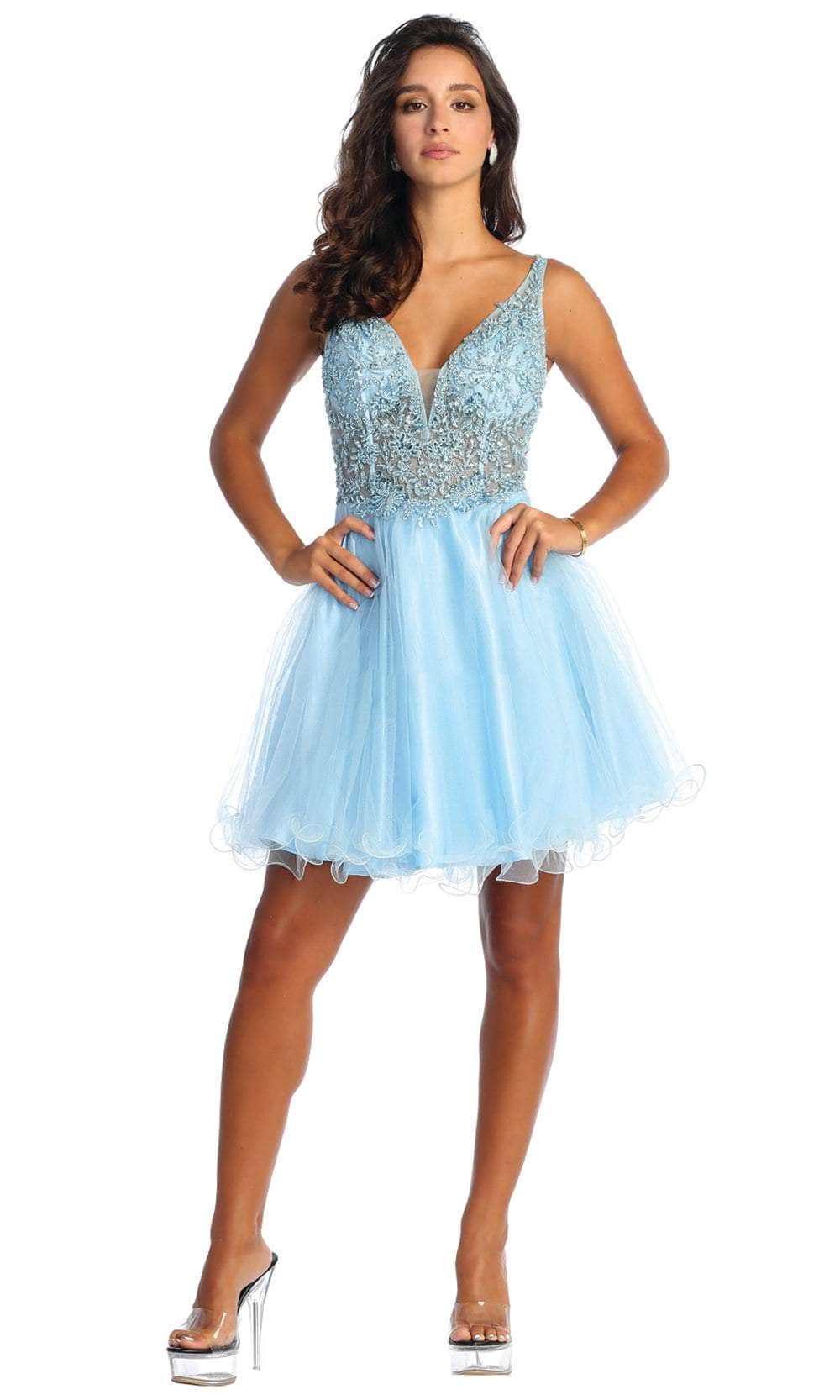 Dusty Blue V-Neck Short Tulle Cocktail Lace Dress May Queen MQ1913