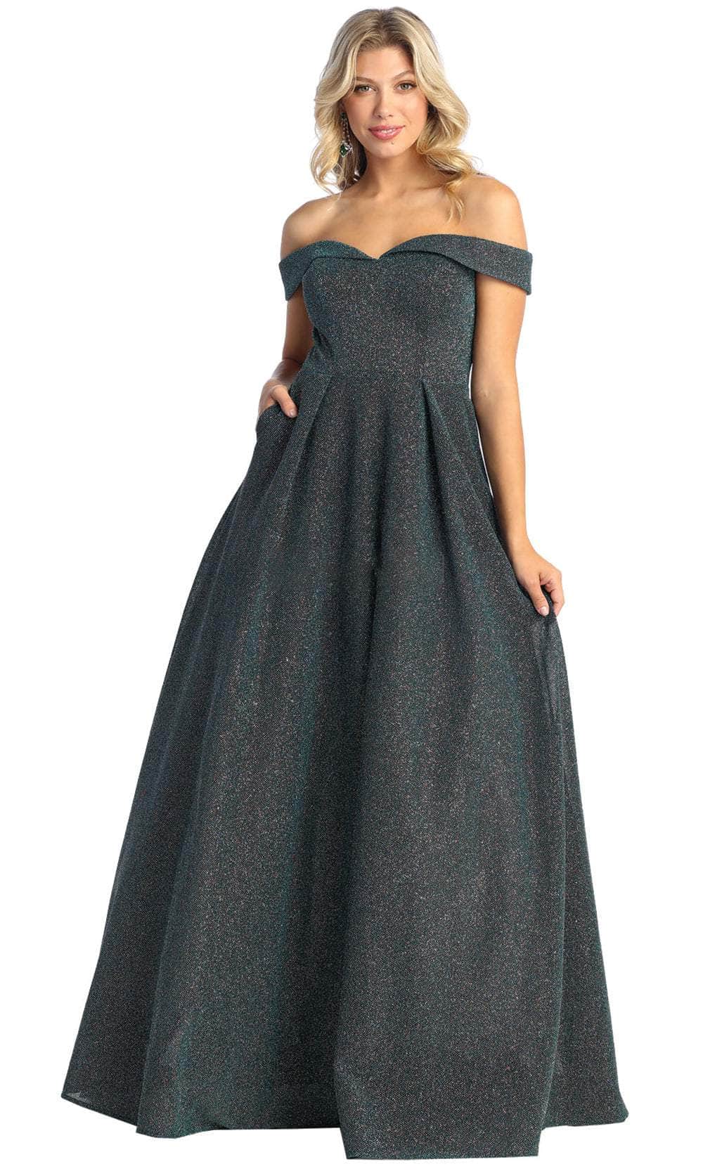 Hunter Green Off-the-Shoulder Floor-Length Glitter Prom Dress A-Line May Queen MQ1915