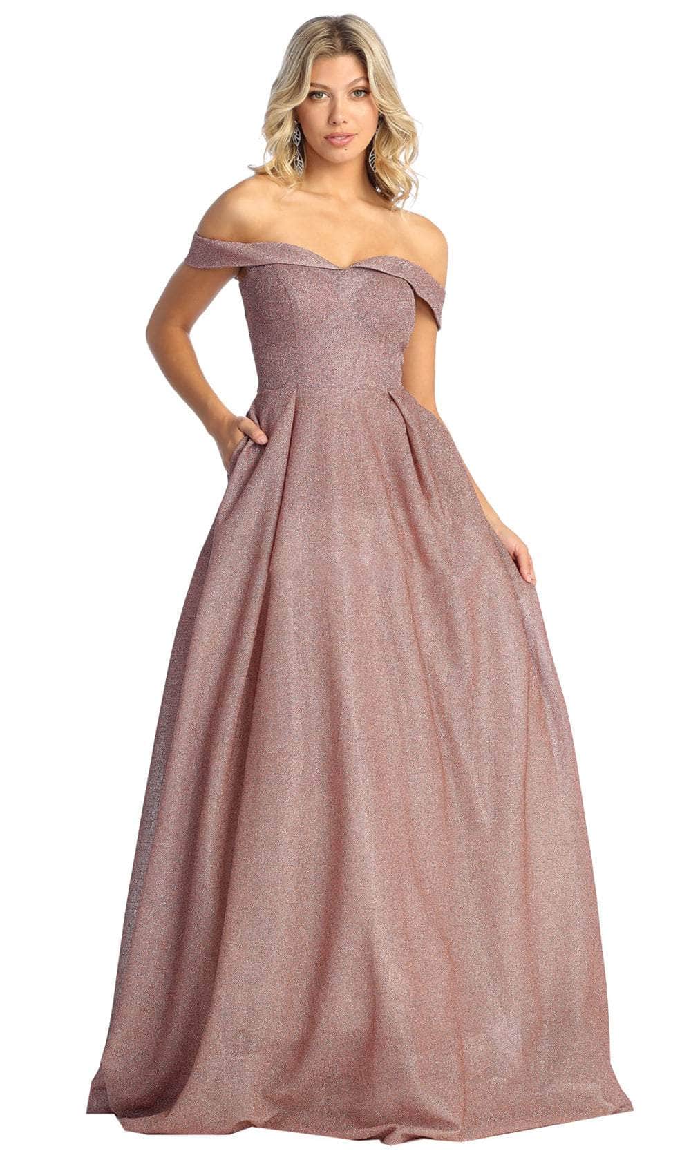Rose Gold Off-the-Shoulder Floor-Length Glitter Prom Dress A-Line May Queen MQ1915