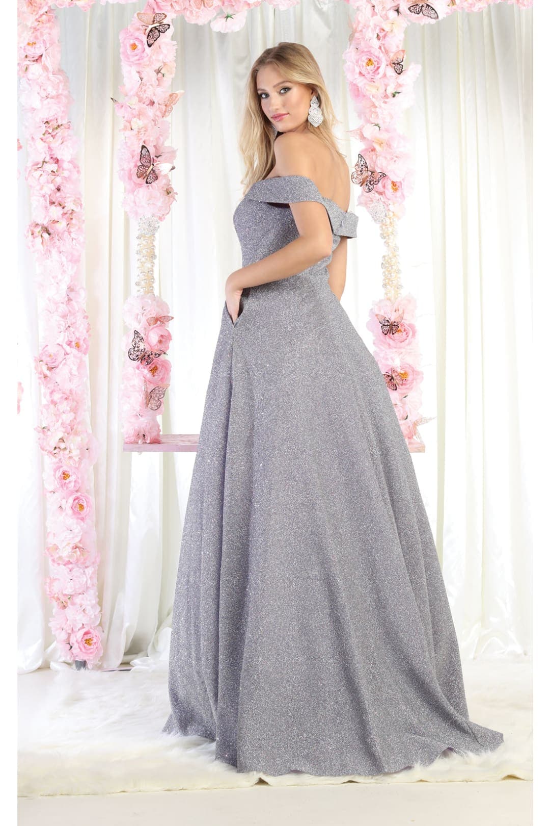 Silver Off-the-Shoulder Floor-Length Glitter Prom Dress A-Line May Queen MQ1915