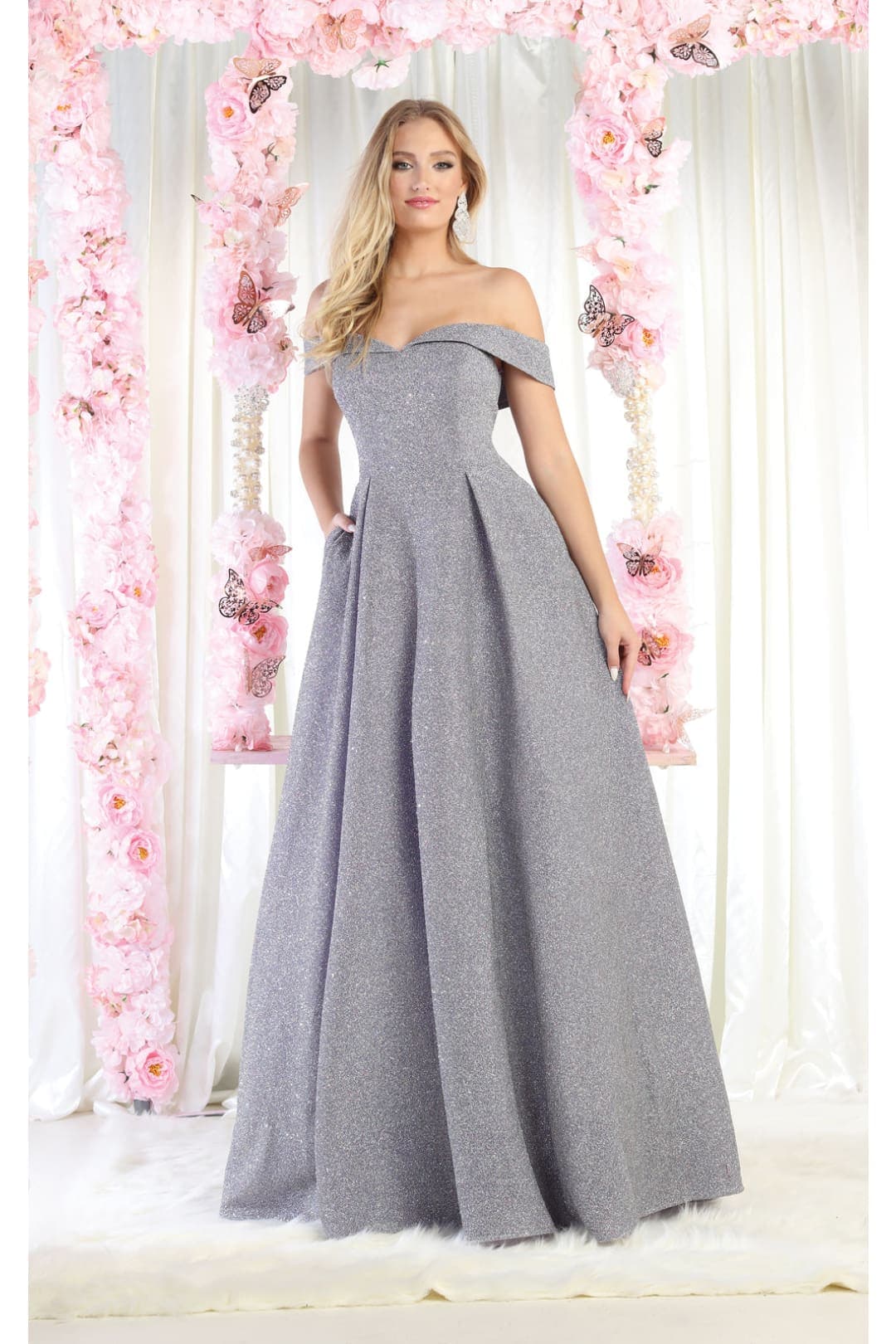 Silver Off-the-Shoulder Floor-Length Glitter Prom Dress A-Line May Queen MQ1915