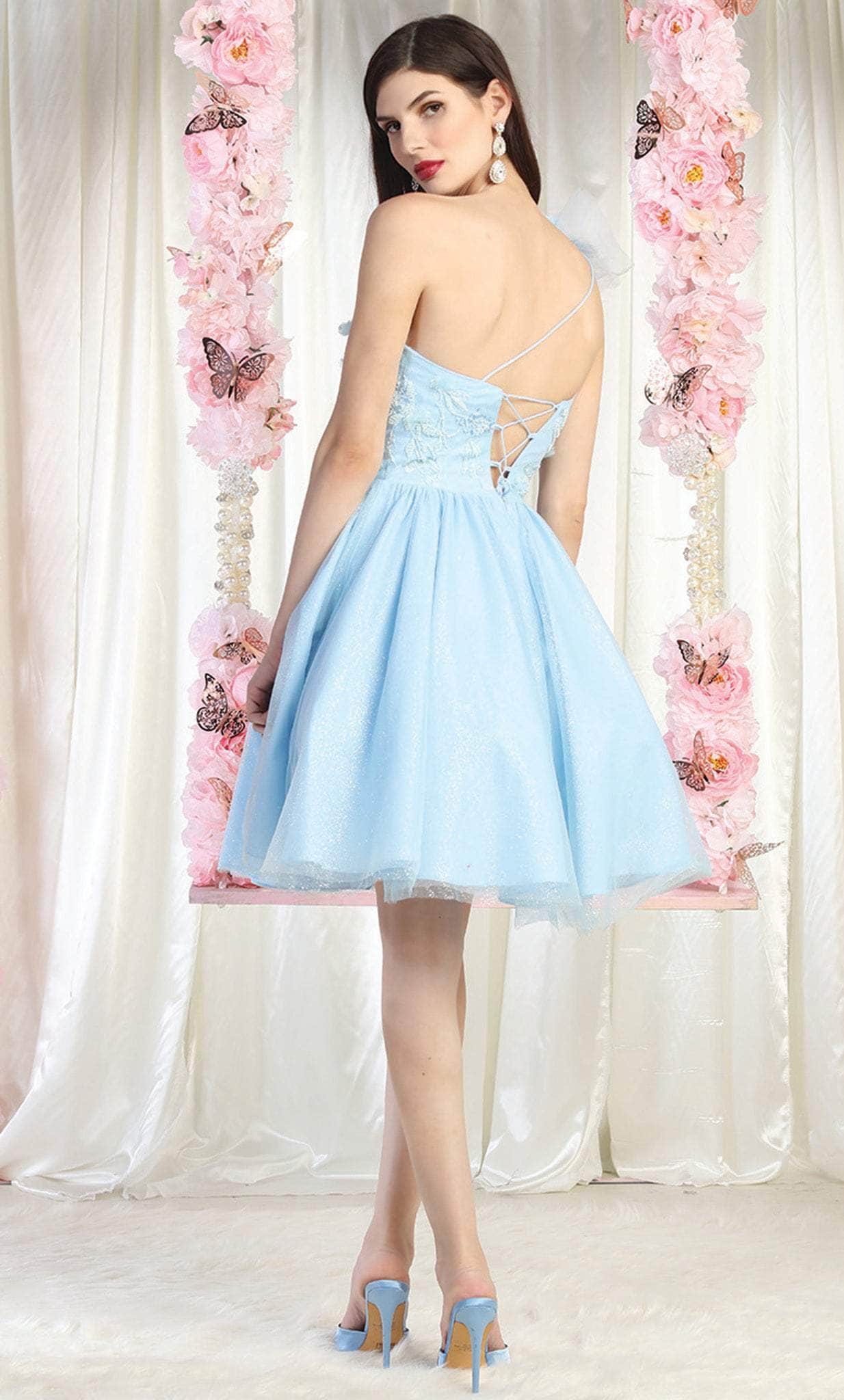 Baby Blue One-Shoulder Short Tulle Cocktail Floral Dress May Queen MQ1952
